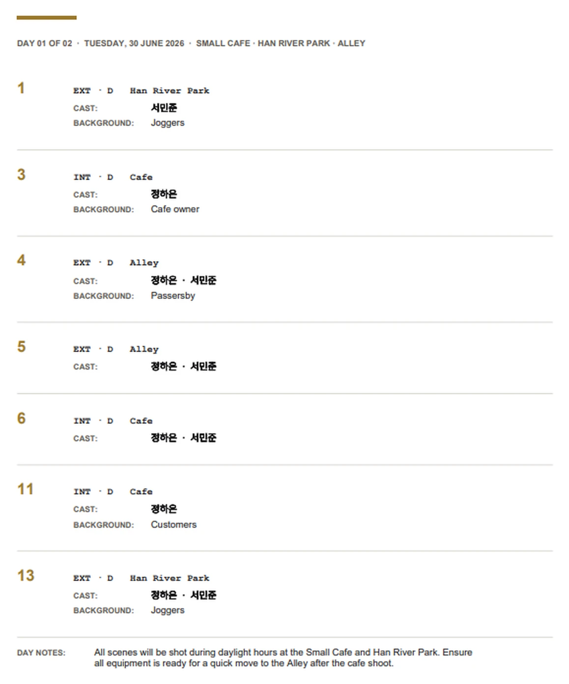 Shooting schedule for a Korean screenplay, with scenes grouped by location across a shoot day.